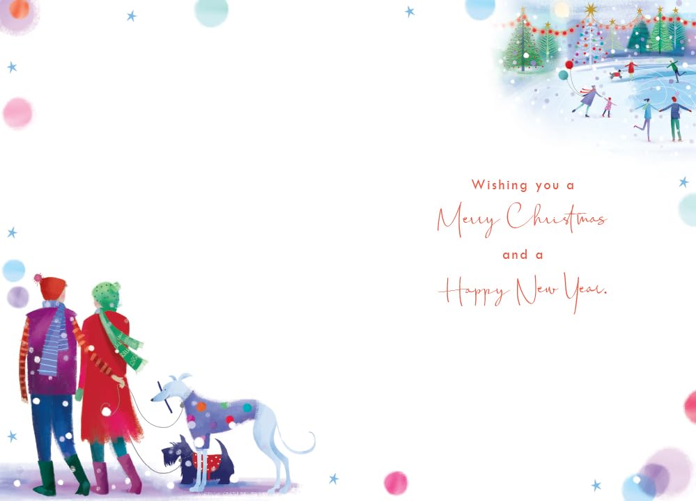 Open Christmas Card Couple Dog Ice Skating 7.5" x 5" Lovely Verse