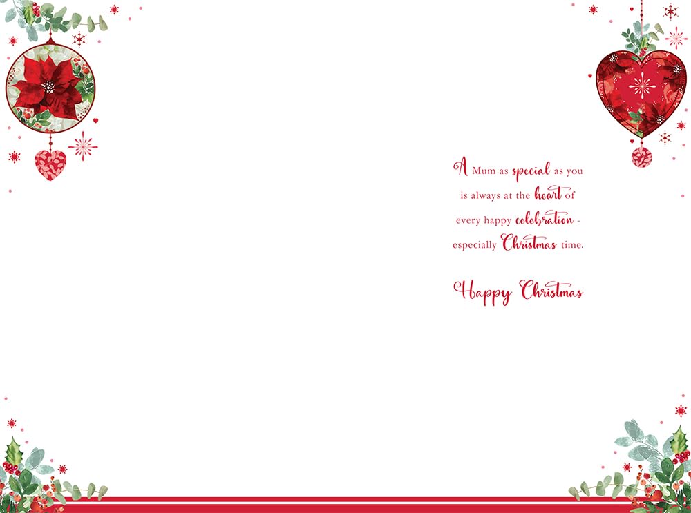 Mum Christmas Card Traditional Baubles Poinsettia 9" x 6" Lovely Verse