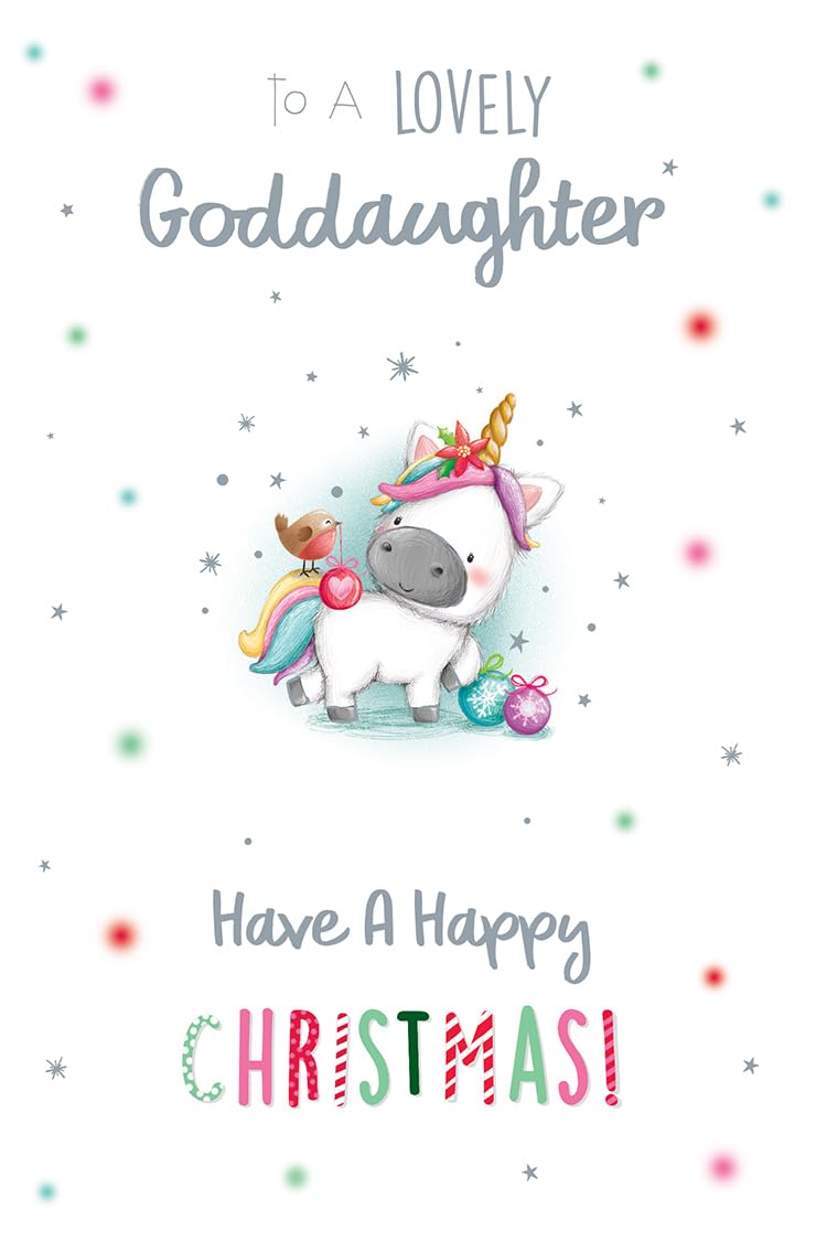 Goddaughter Christmas Card Modern Cute Unicorn Robin 7.5" x 5" Lovely Verse