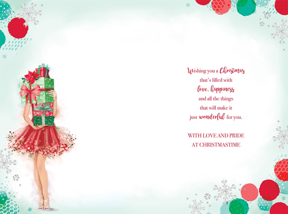 Daughter Christmas Card Modern Lady Carrying Gifts 9" x 6" Lovely Verse