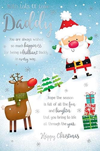 Daddy Christmas Card Cute Santa Reindeer & Presents Design Lovely Verse