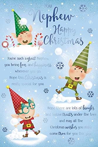 Nephew Christmas Card Elves Throwing Snowballing Design Lovely Verse
