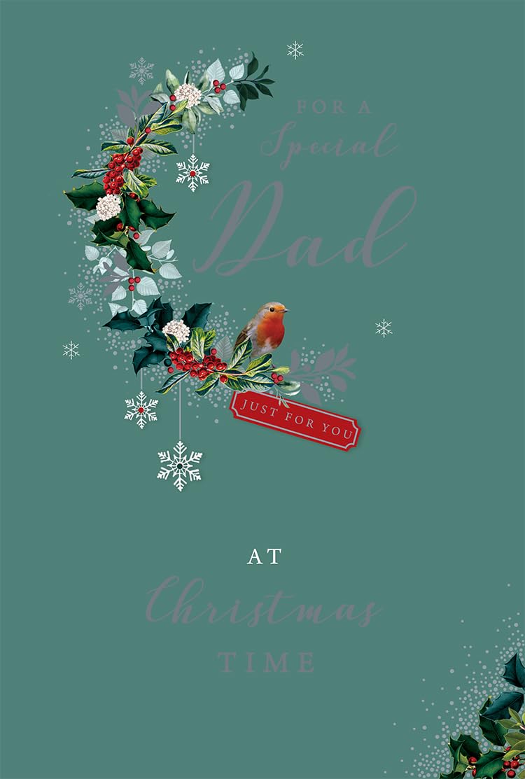 Dad Christmas Card Modern Robin Holly Snowflakes 9" x 6" Lovely Verse