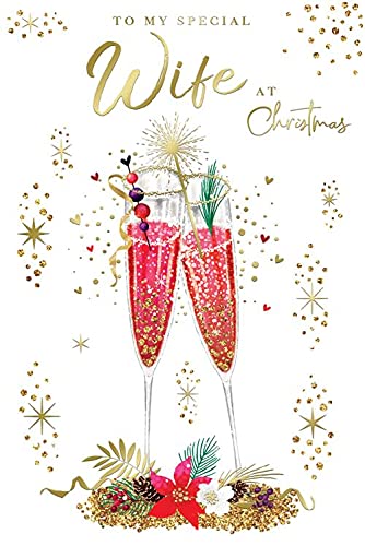 Wife Christmas Card Pink Champagne Glasses Design Lovely Verse
