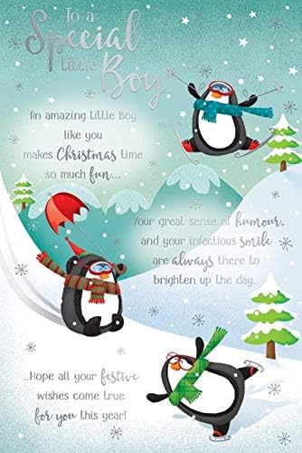 Special Little Boy Christmas Card Sking Skating Penguins & Words Design