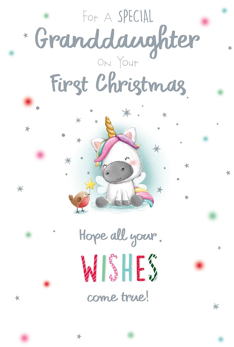 Granddaughter 1st First Christmas Card Cute Unicorn 9" x 6" Lovely Verse