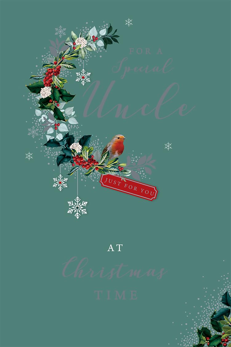 Uncle Christmas Card Modern Robin Holly Snowflakes 9" x 6" Lovely Verse