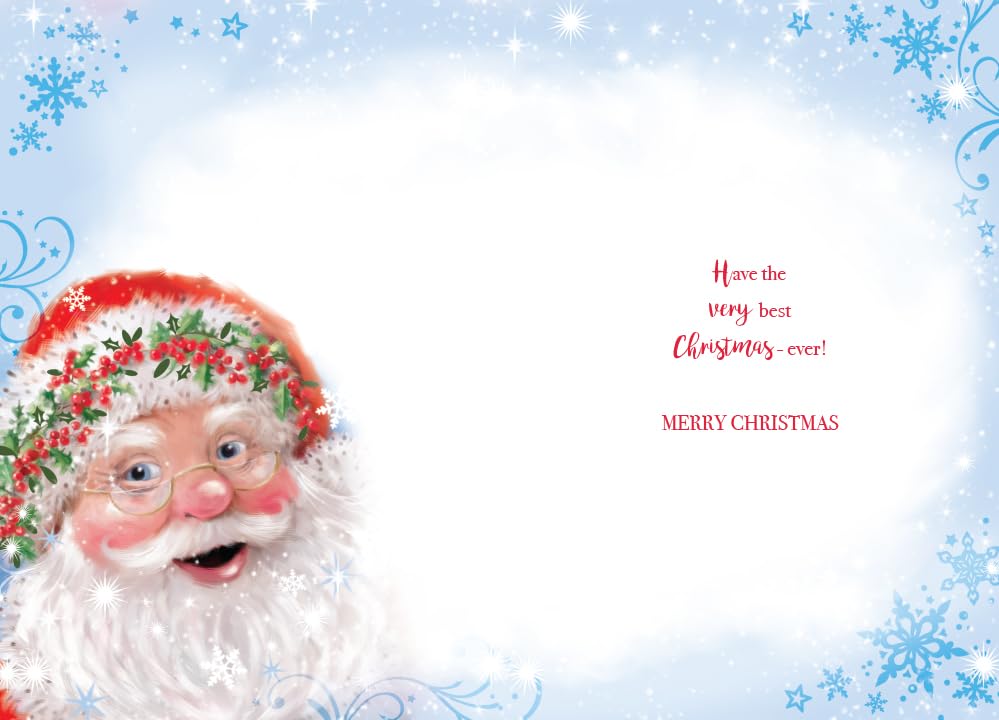 Great Grandson Christmas Card Modern Cute Santa Face 7.5" x 5" Lovely Verse