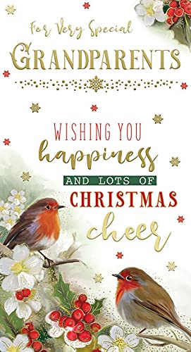 Grandparents Christmas Card Robins Twigs & Holly Design Bright
