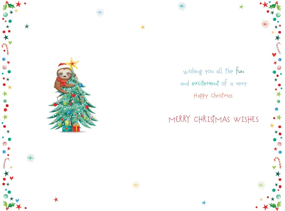 Grandson Christmas Card Cute Sloth Tree Gifts Stars 9" x 6" Lovely Verse