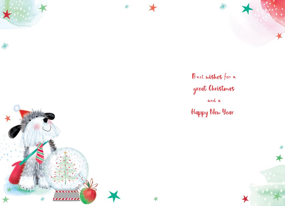 Special Teacher Christmas Card Cute Dog Apple Snowglobe 7.5" x 5" Lovely Verse