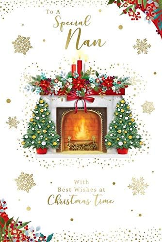 Special Nan Christmas Card Open Fire Mantle Piece Design Lovely Verse