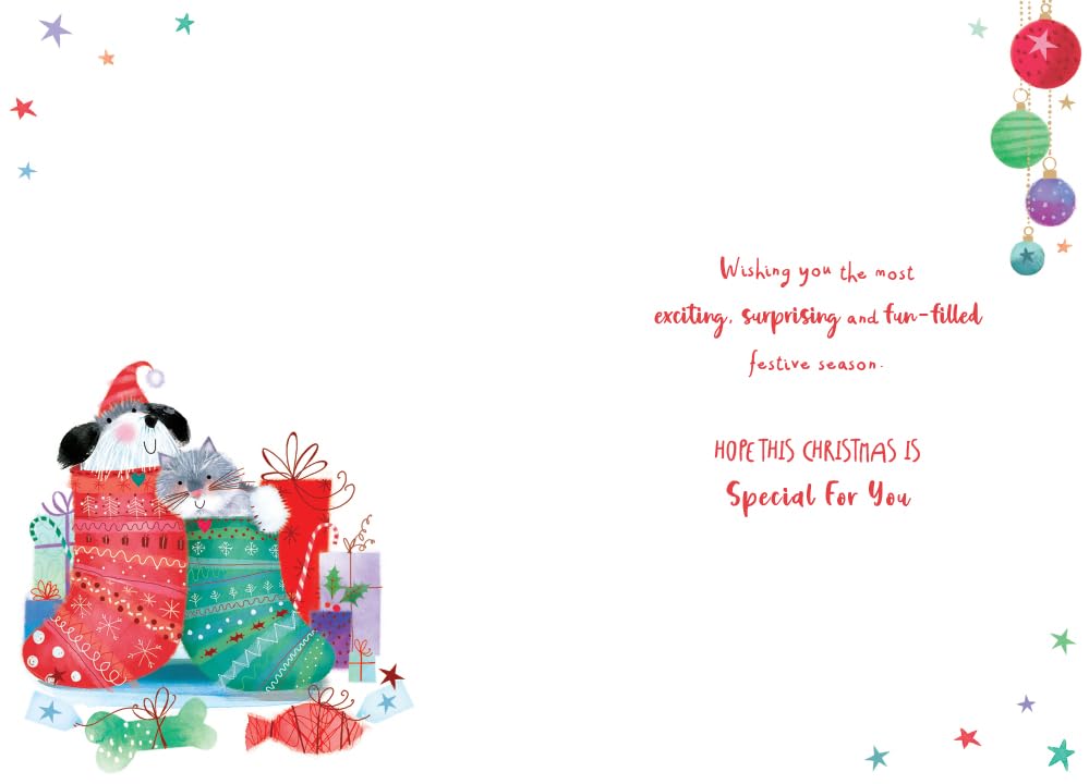 Nan & Grandad Christmas Card Cute Dog & Cat In Stockings 7.5" x 5" Lovely Verse