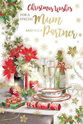 Mum & Your Partner Christmas Card Champagne Table Candles Design Lovely Verse