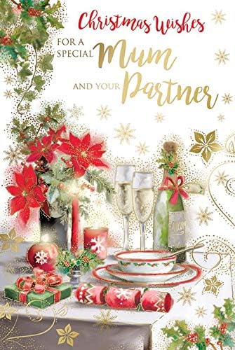 Mum & Your Partner Christmas Card Champagne Table Candles Design Lovely Verse