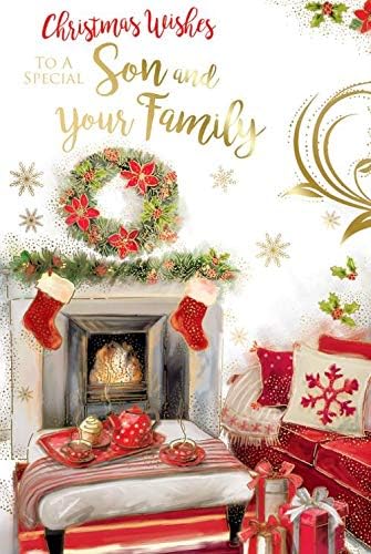 Son & Your Family Christmas Card Open Fire Mantle Tea Design Lovely Verse