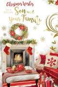 Son & Your Family Christmas Card Open Fire Mantle Tea Design Lovely Verse