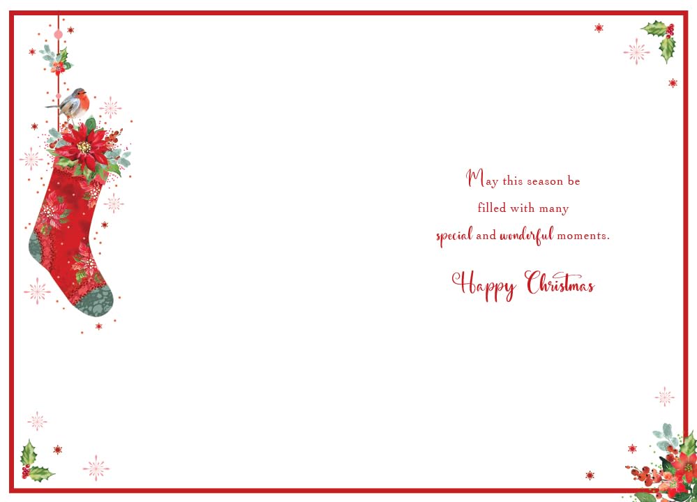 Open Happy Christmas Card Stocking Robin Poinsettia 7.5" x 5" Lovely Verse