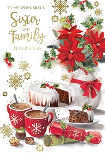 Sister & Family Christmas Card Cake Cracker & Hot Chocolate Design Lovely Verse