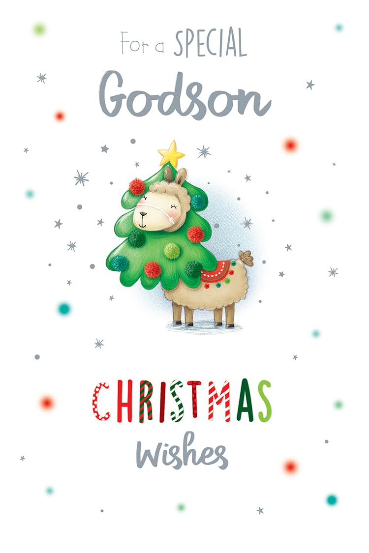 Godson Christmas Card Cute Lamb In Tree Star 9" x 6" Lovely Verse