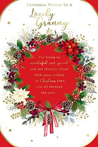 Lovely Granny Christmas Card Flowers Pine Cones Wreath Design Lovely Verse