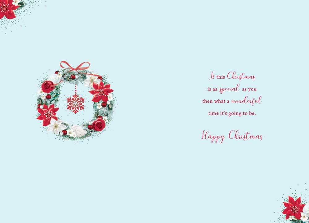 Open Christmas Card Traditional Poinsettia Wreath 7.5" x 5" Lovely Verse