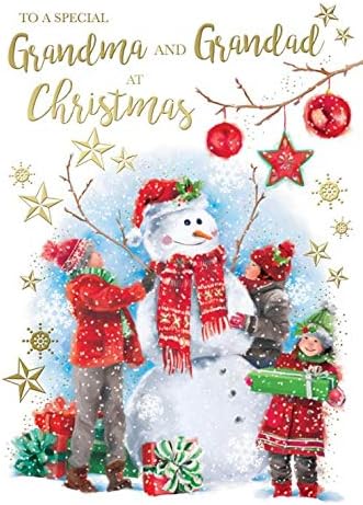 Grandma & Grandad Christmas Card Children & Snowman Design Lovely Verse