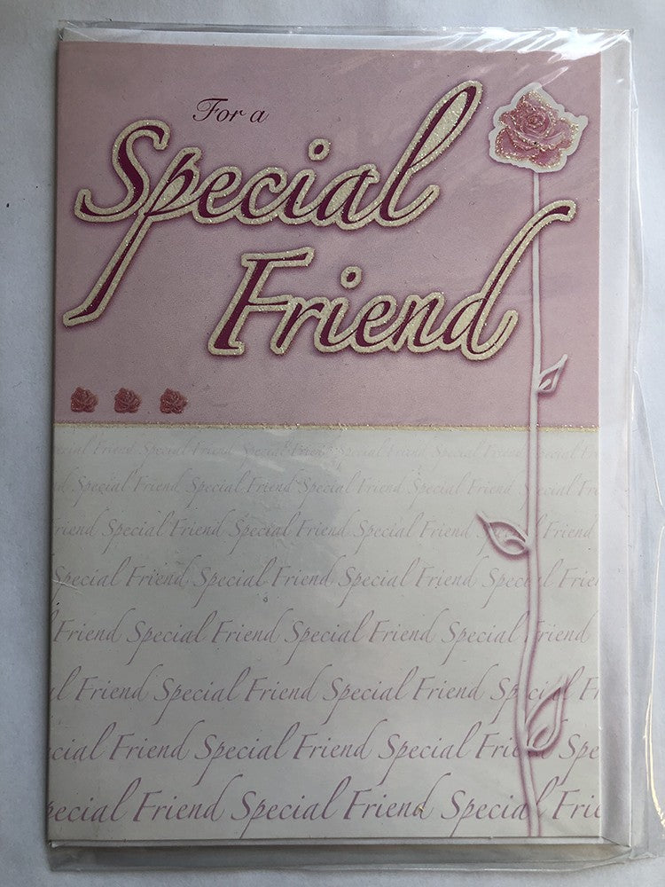 Friend Happy Birthday Card Special Pink Rose & Gliiter Words