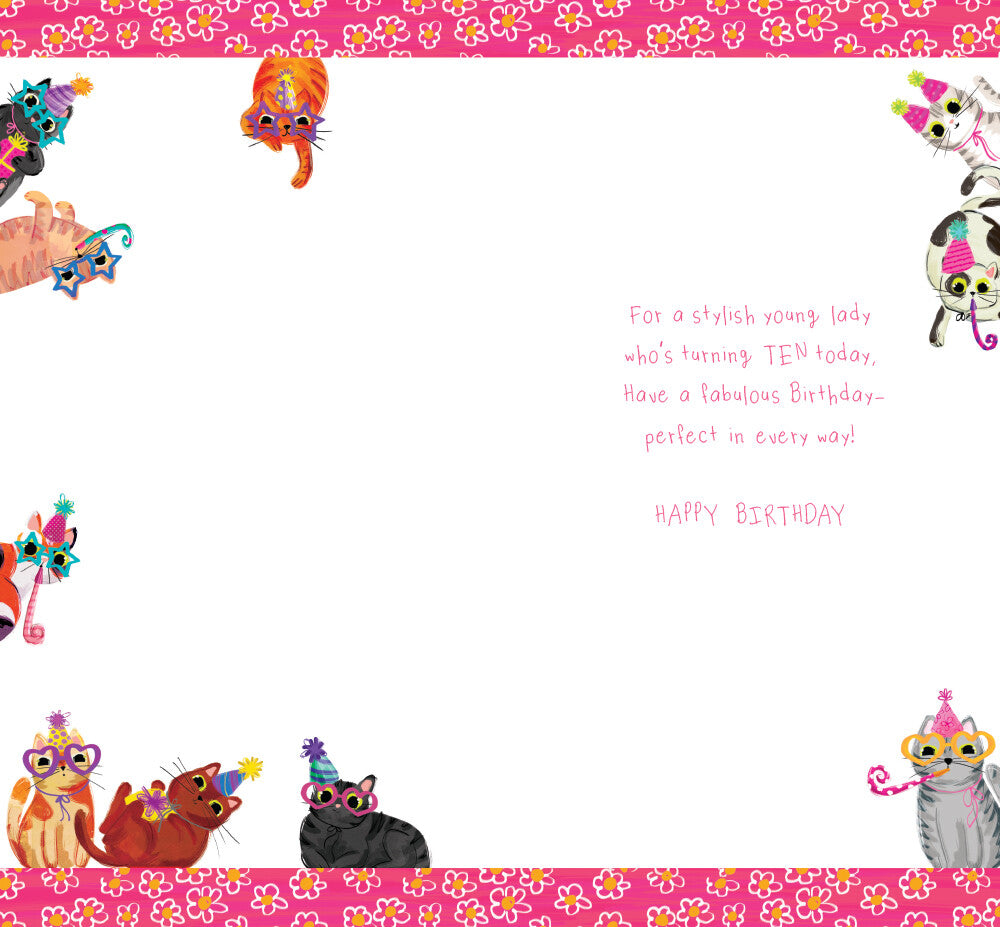 Age 10 Female 10th Birthday Card Cats 9" x 5" Lovely Verse