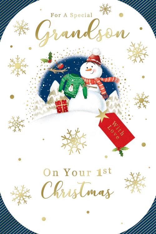 Special Grandson Christmas Card Snowman & Jumper Design Lovely Verse