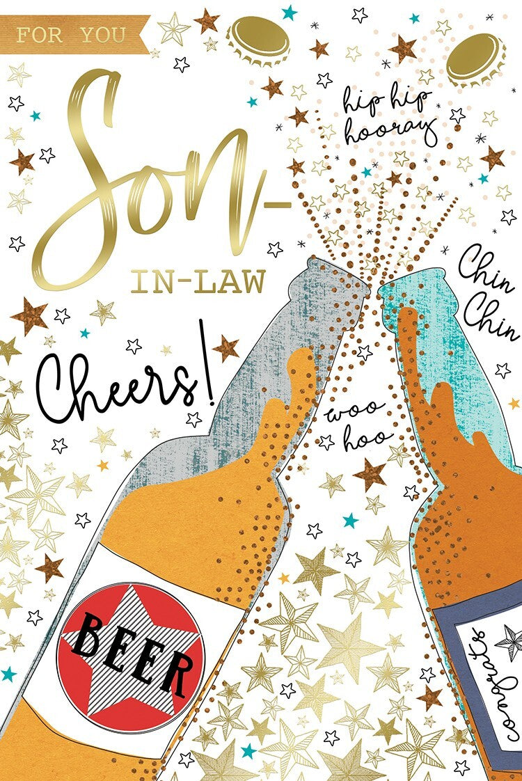 For You Son-in-Law Birthday Card - Beer Bottles, Cheers, Stars - Modern