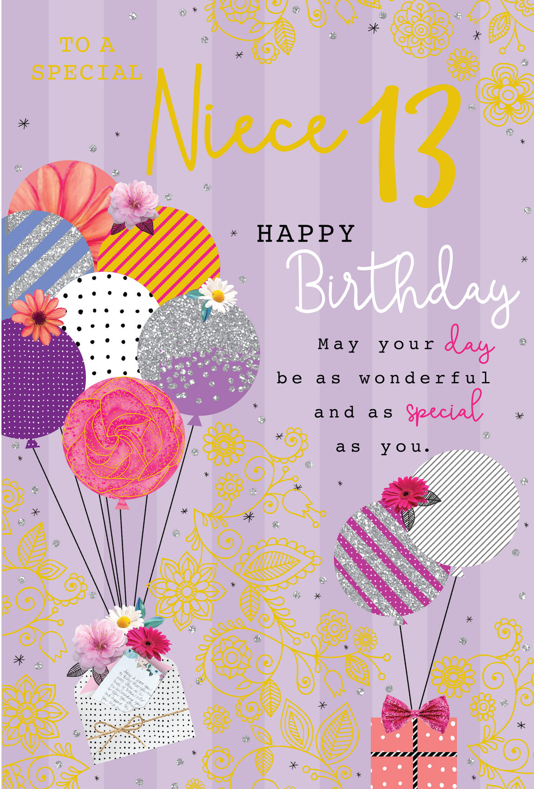 13th Birthday Card for Niece  Balloon Design  Full Verse  Purple Finish