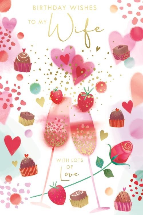Birthday Card for Wife  Champagne & Cupcakes  15x23cm  Colour Insert