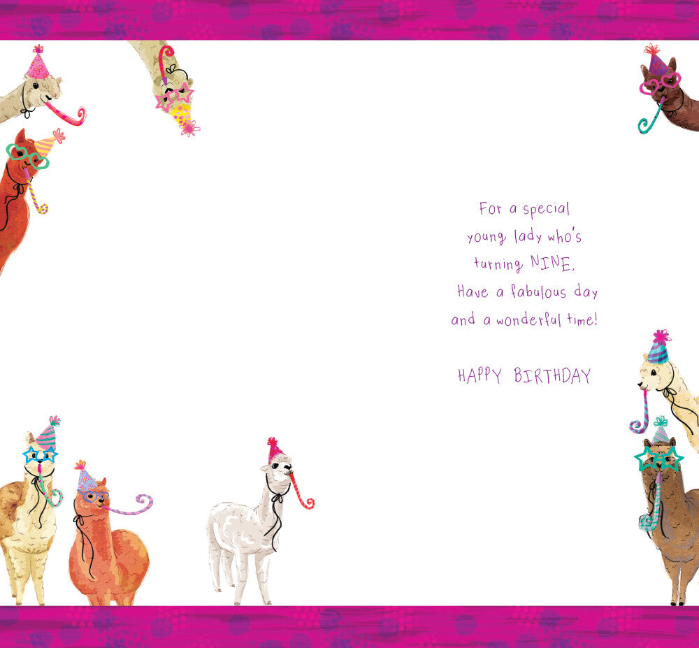 Girls 9th Birthday Card - Nine Today - Cute Llamas Alpacas Party Hats Pink