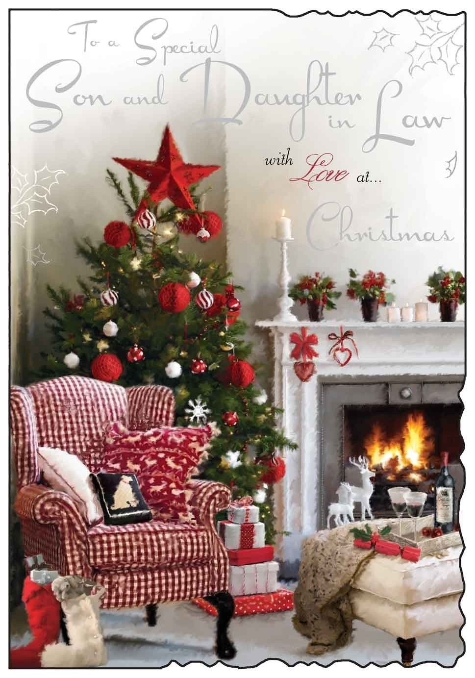 Special Son & Daughter in Law Christmas Card  Large Cozy Fireplace Scene