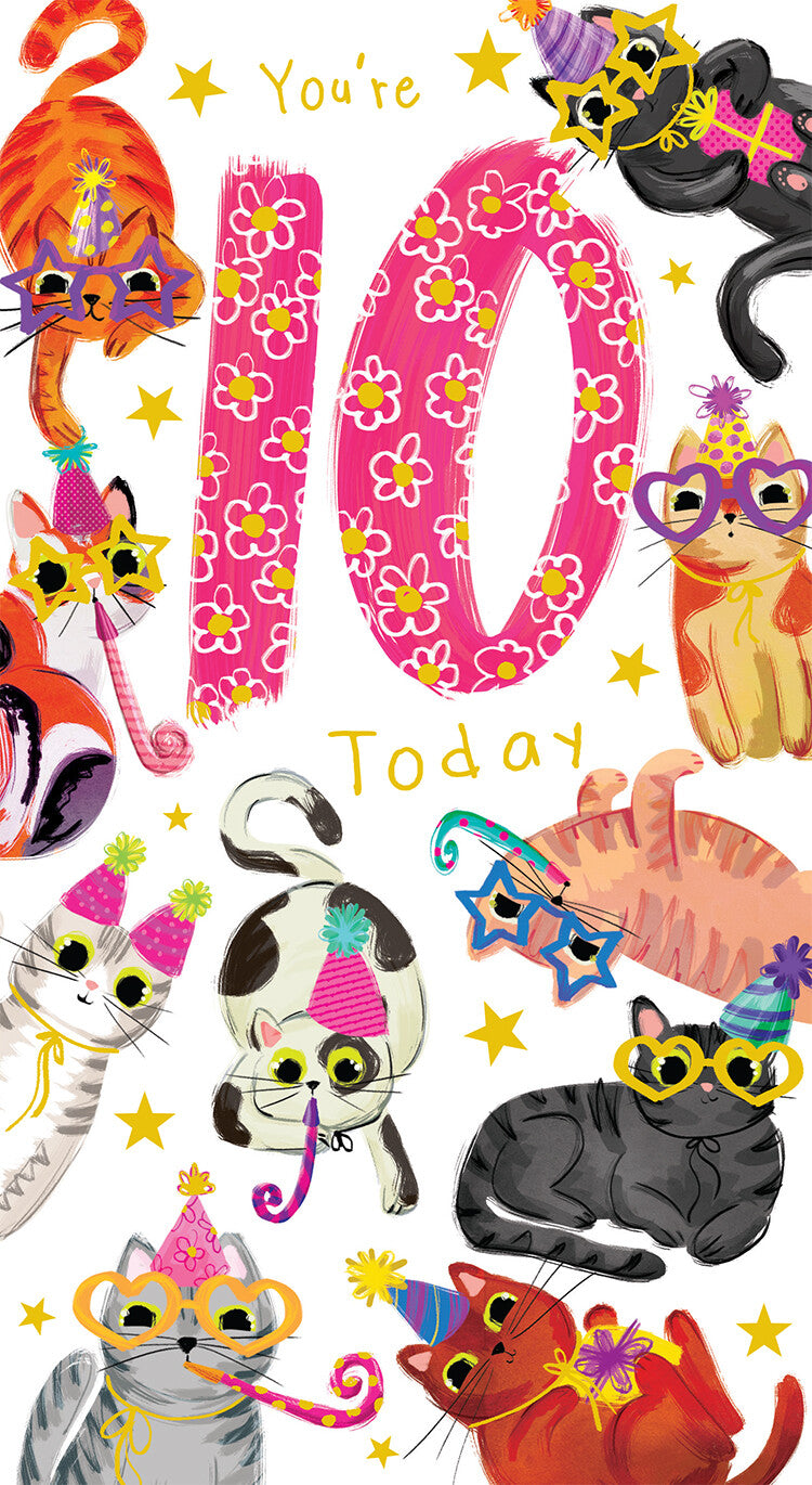 Age 10 Female 10th Birthday Card Cats 9" x 5" Lovely Verse