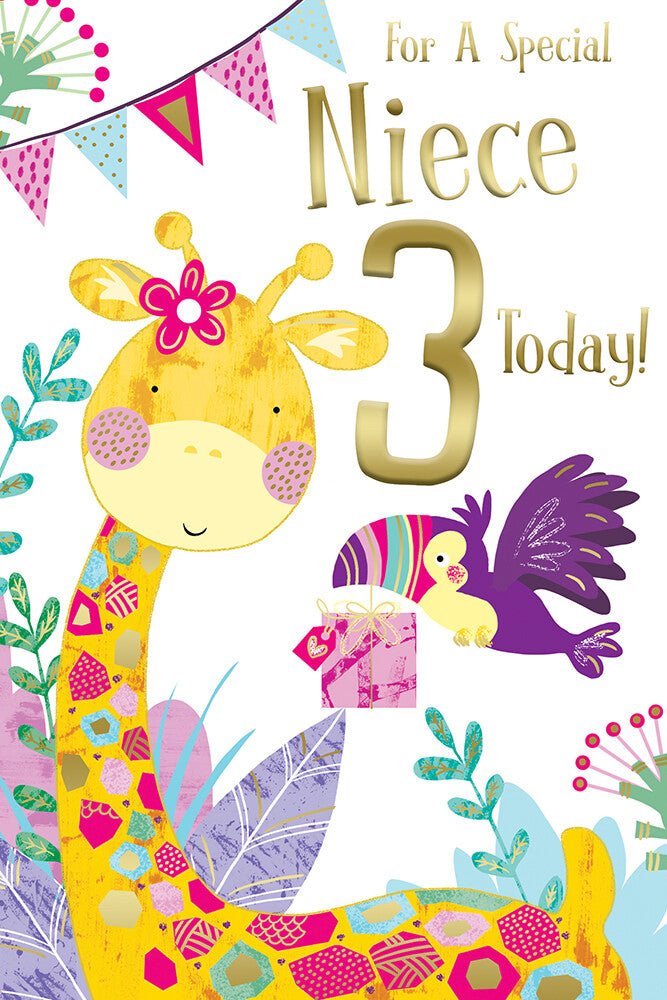 Niece 3rd Birthday Card  Giraffe & Bird Design with Verse  15x23cm