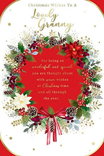 Lovely Granny Christmas Card Flowers Pine Cones Wreath Design Lovely Verse