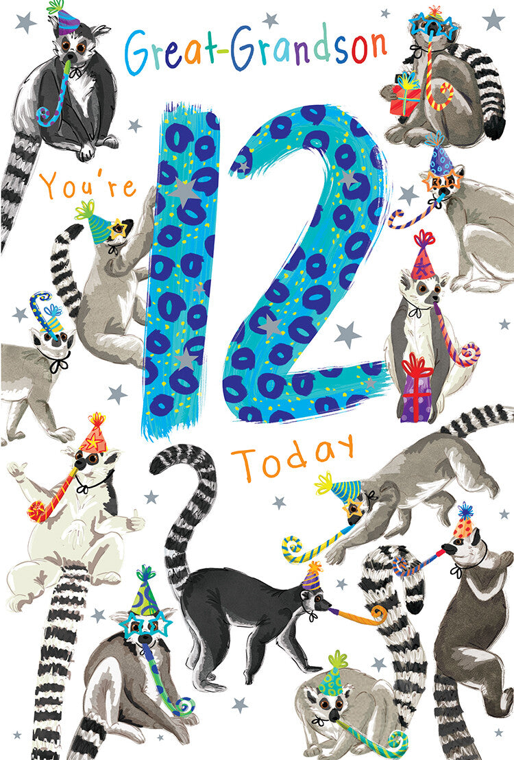 Great Grandson 12th Birthday Card Age 12 Lemurs 9" x 6" Lovely Verse
