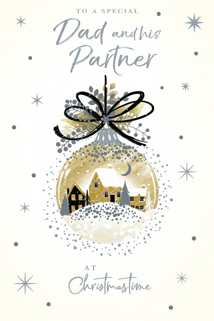 Dad & Partner Christmas Card Modern Village Bauble Large 9" x 6" Lovely Verse