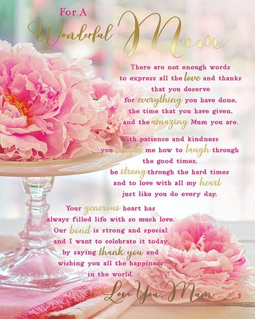 Mum Birthday Card Wonderful Mother Floral Pink Roses Sentimental Verse Large