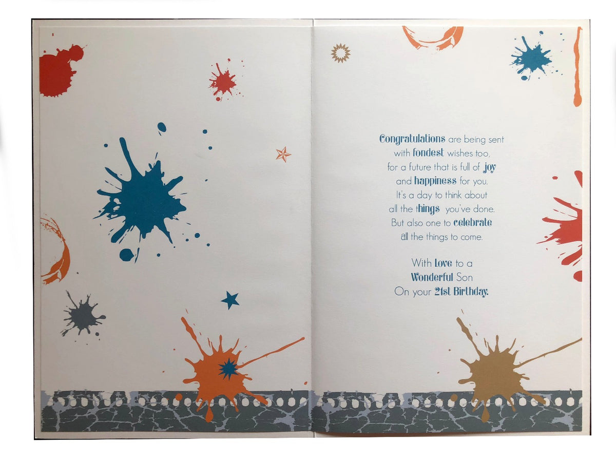 Son 21st Birthday Card Large Modern Paint Splat Twenty One Male Gold Foil Cards