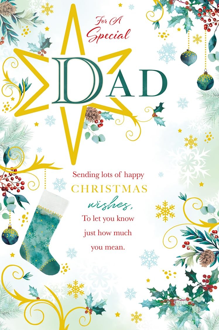 Christmas Card To A Special Dad Large Gold Star Stocking Holly 15x23cm