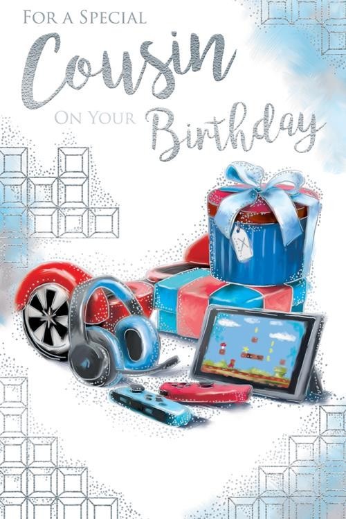Cousin Birthday Card Gaming Gamer Theme Boys Male Quality Verse Silver Foil