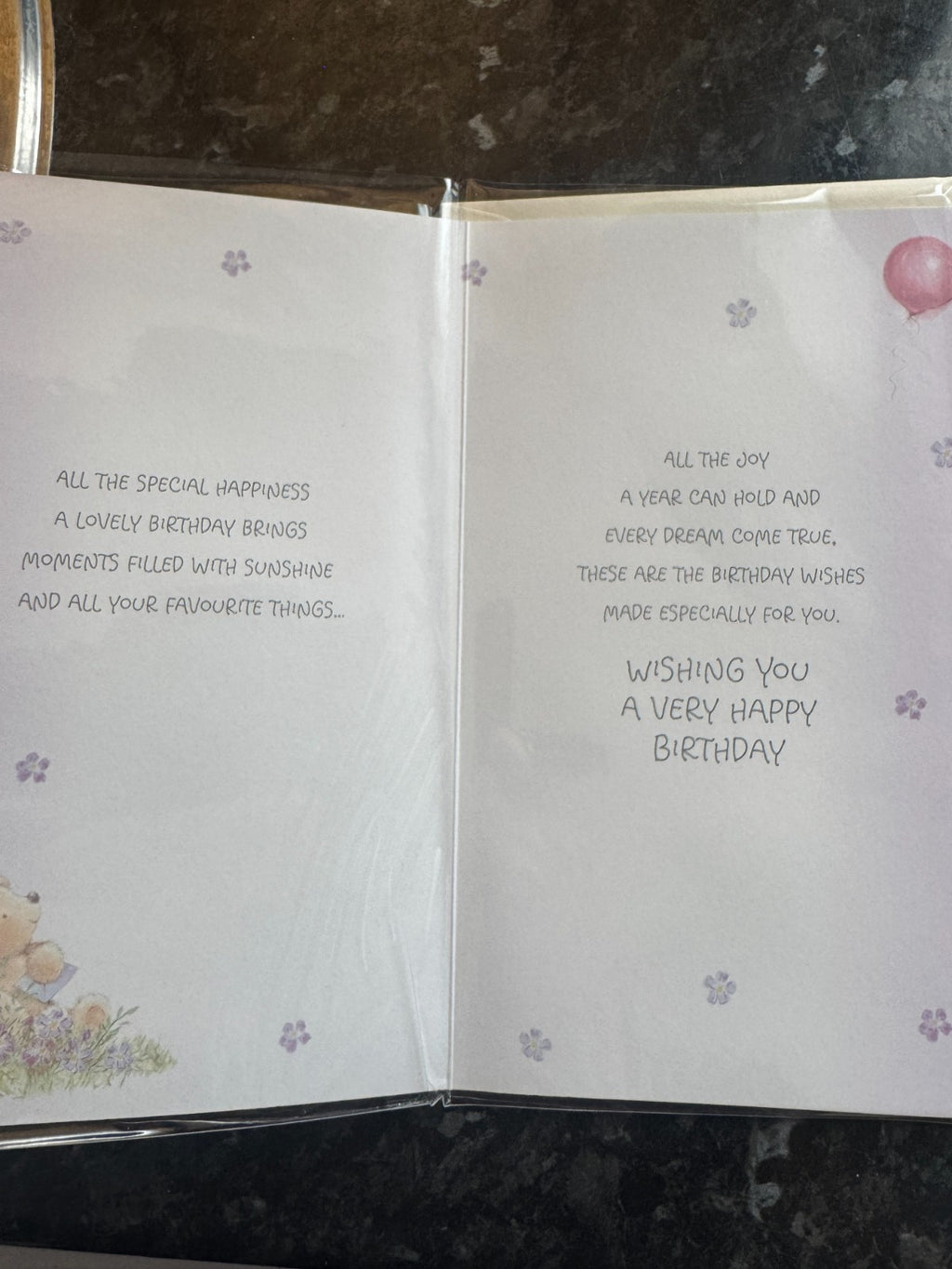 Birthday Card Nan Cute Teddy Bear Balloon Lilac Purple Flowers Medium 13x23cm