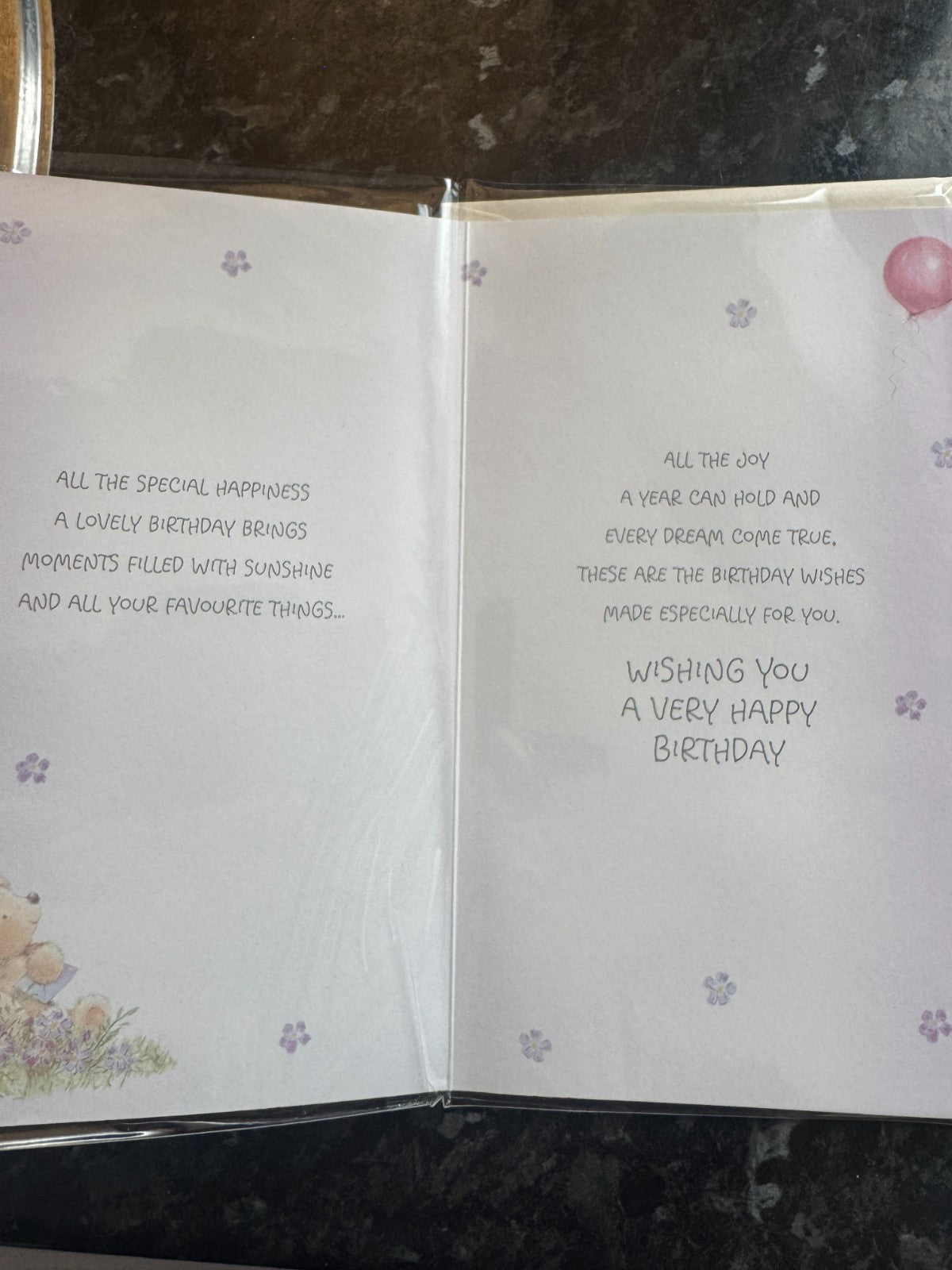 Birthday Card Nan Cute Teddy Bear Balloon Lilac Purple Flowers Medium 13x23cm