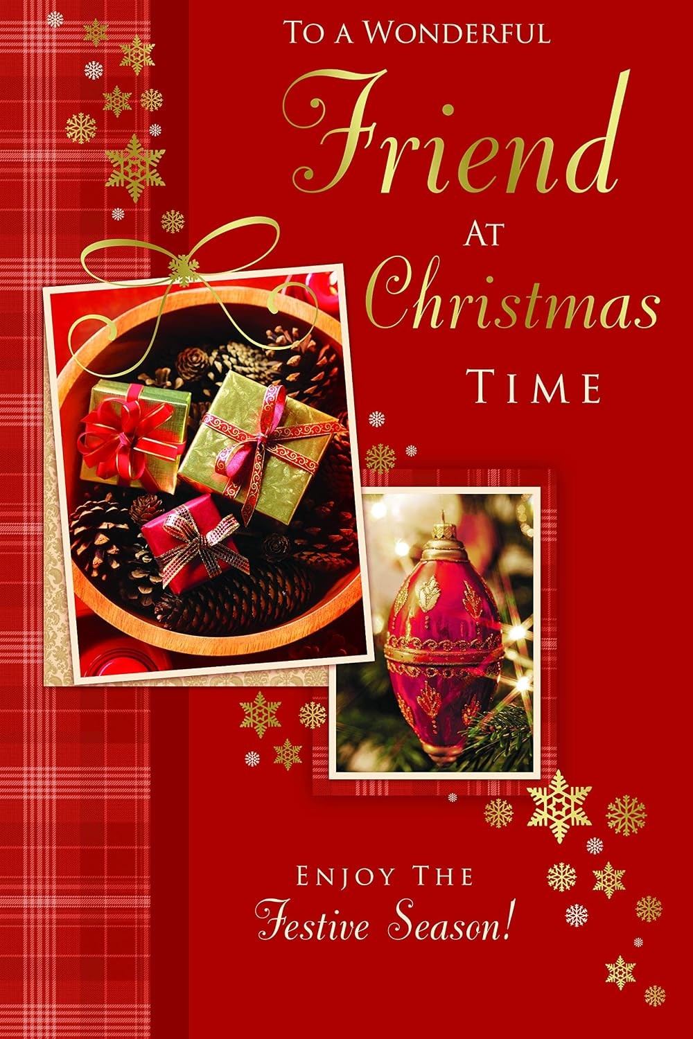 Wonderful Friend Christmas Card Pine Cones Baubles & Gifts Design Lovely Verse