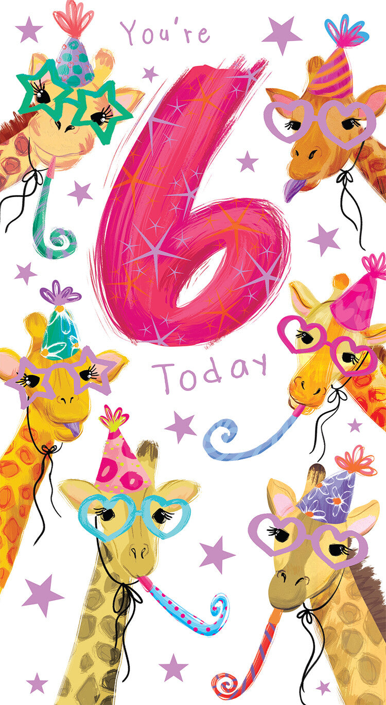 Age 6 Female 6th Birthday Card Giraffes 9" x 5" Lovely Verse