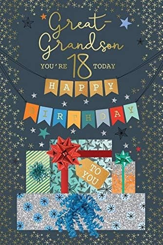 18th Birthday Card for Great-Grandson  Blue & Gold  Modern Verse  15x23cm