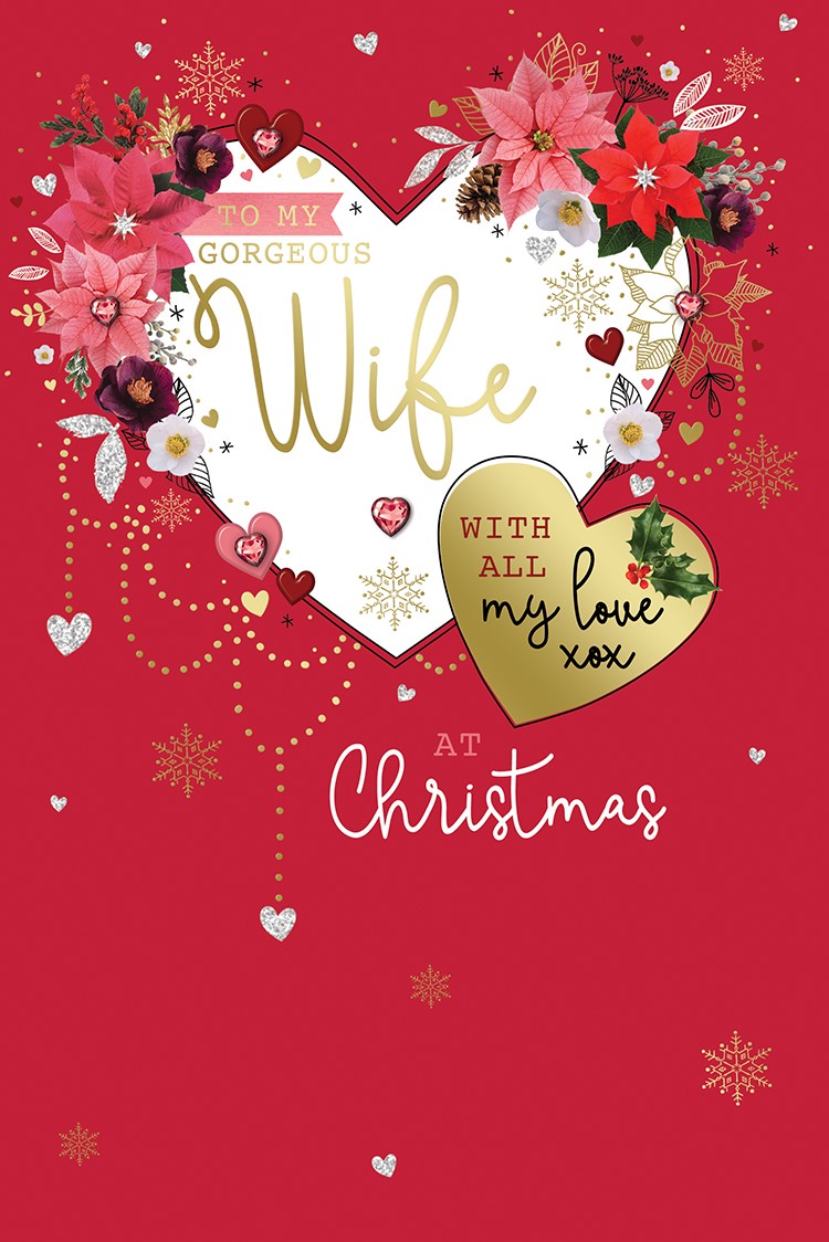Wife Christmas Card Heart & Flower Design  Large Lovely Verse